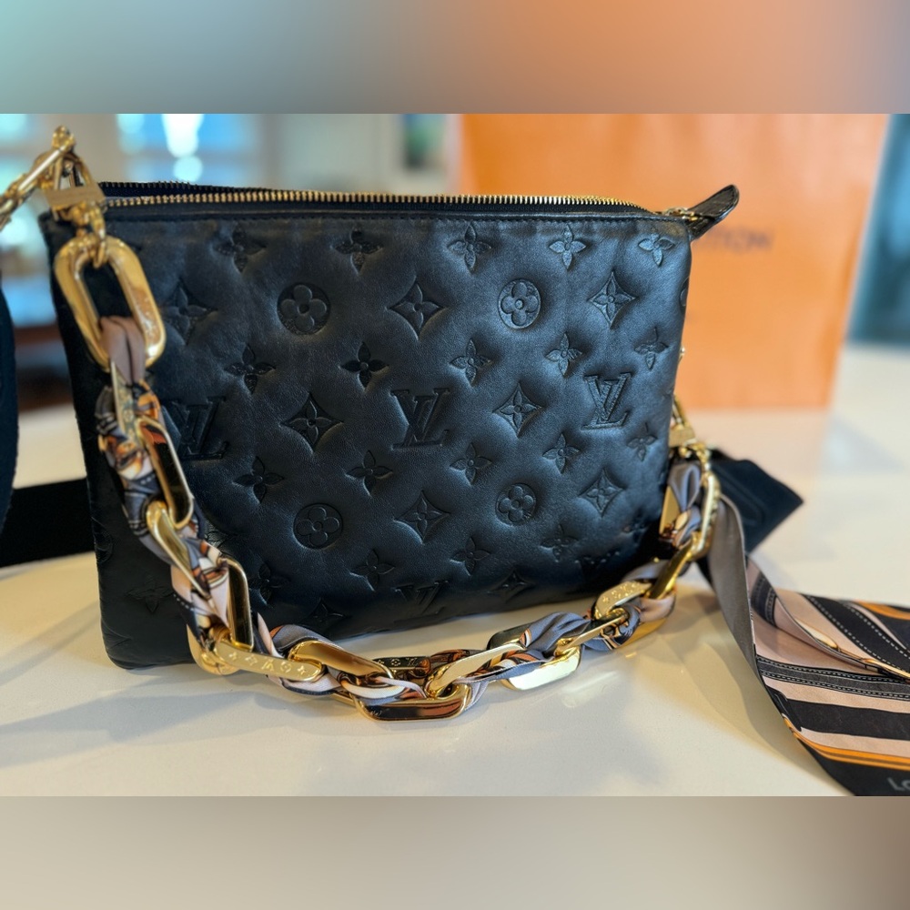 Louis Vuitton limited edition lambskin Coussin PM Black w/ twilly scarf chain